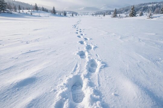 Trail of footprints in fresh untouched snow leading into distance
