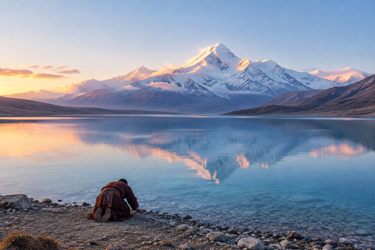 A figure prostrates on the shore of an alpine lake towards a distant mountain.