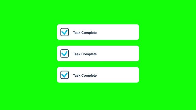 Task complete checklist animation video clip featuring checkmarks filling up boxes on green screen background