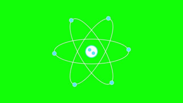 Glowing atom symbol spinning with orbiting electrons on green screen background video footage illustration