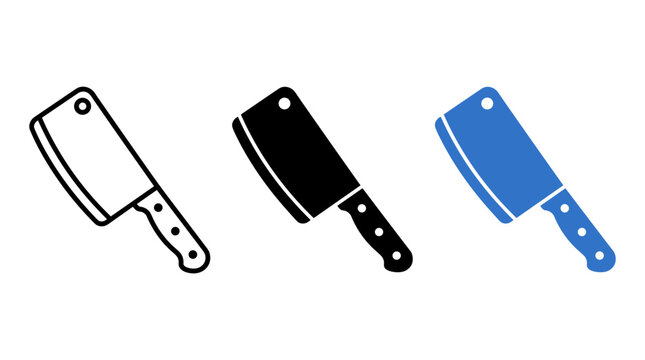 Meat cleaver kitchen knife icons in solid, outline and color styles