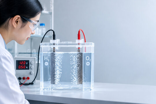Laboratory water electrolysis setup with hydrogen bubbles and scientist, clean energy research concept