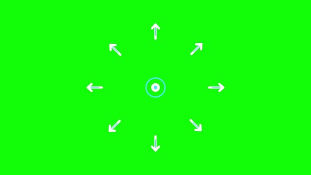 Animated glowing arrows pointing in all directions around a central target circle on vibrant green screen background video clip