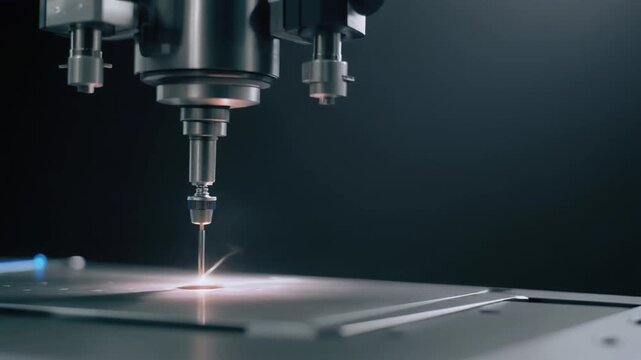 Metallic robotic surgical needle pressing onto a steel plate with a glowing bright point