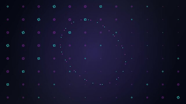 Futuristic digital grid loop animation with glowing cyan magenta squares and a central circle tran