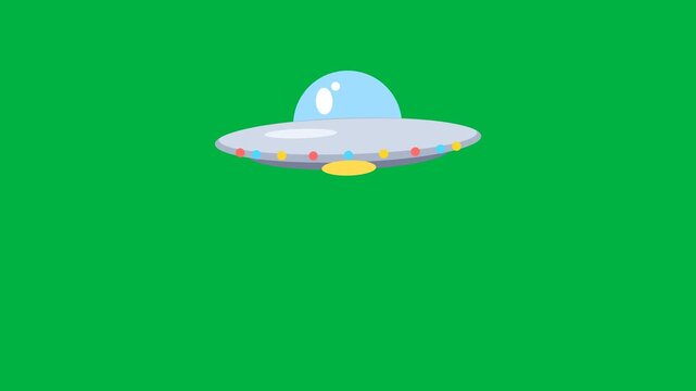 Cartoon flying saucer UFO hovering with colorful chasing rim lights and a yellow tractor beam switching on and off, seamless loop on a green screen