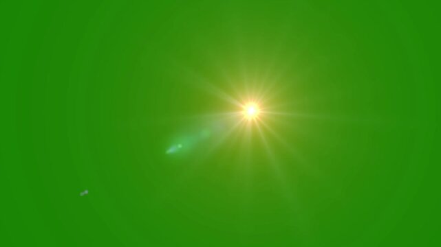 Brilliant golden sun shining light optical lens flare effect featuring sweeping sunlight rays and glowing bursts with chroma key on green screen background