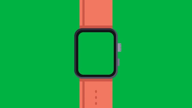 Smartwatch with coral strap sliding in, turning on to an empty display for screen replacement, then turning off and sliding away on a green screen