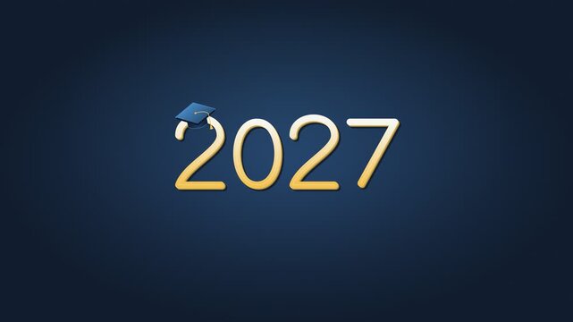 Class of 2027 golden numbers with graduation cap tossed in the air and gold confetti on dark blue background