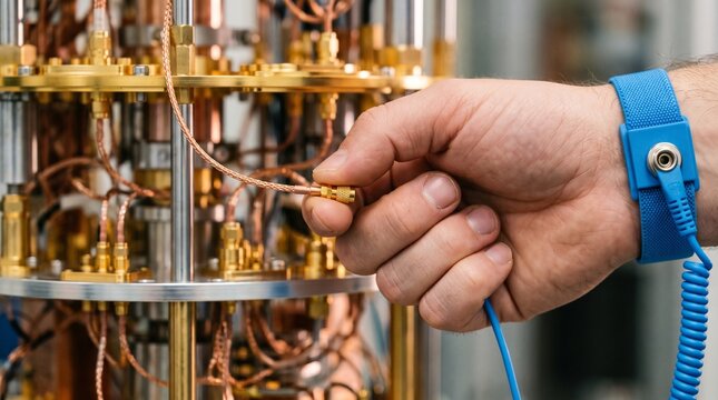 Close-up of an engineer wearing an anti-static ESD wrist strap connecting a coaxial cable inside a quantum computer dilution refrigerator.