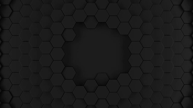 Black background of patterned hexagons. Smooth 3d rendered hex shapes creating a visual of sleek shadowy motion for an abstract background presentation template with blank center space 3d render Loop