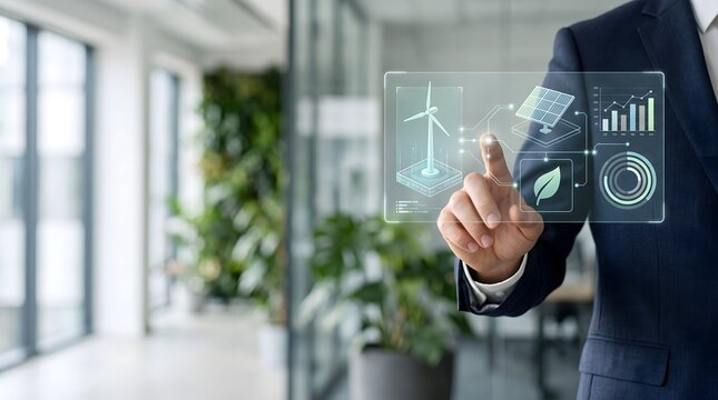 Business professional interacting with a futuristic touch screen glass wall interface