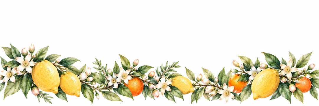 Watercolor citrus border illustration featuring lemon Citrus limon and orange fruit with green leaves and blossom flowers isolated on a clean white background banner