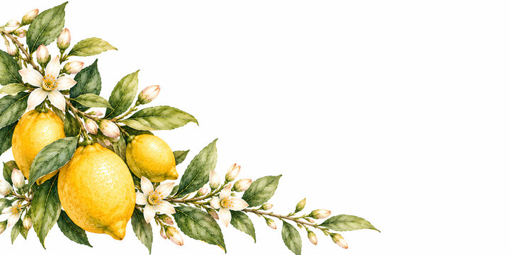 Watercolor lemon fruit Citrus limon branch with white blossom flower and green leaf corner border arrangement design isolated on white background for seasonal greeting