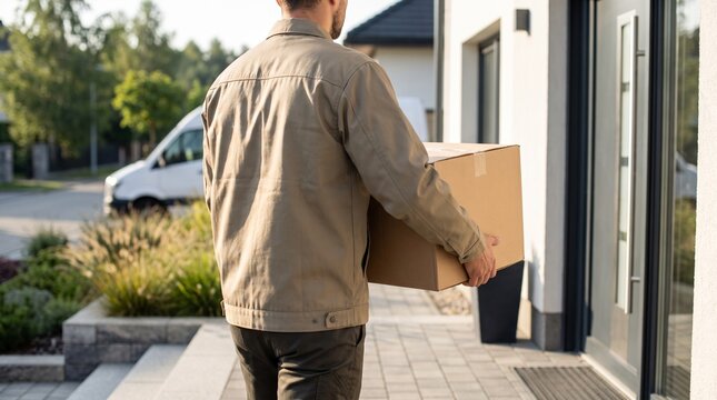 Delivery courier carrying a cardboard parcel toward a modern suburban home, with a delivery van, landscaped garden, and residential pathway in the background.