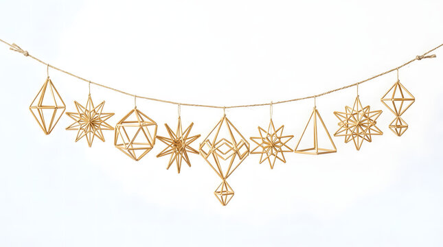 Decorative garland of handcrafted golden straw geometric christmas ornaments hanging on string transparent background