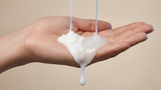 Pouring Cream Shampoo and Gel Liquid onto Open Hand &ndash; Haircare Skincare Product Texture Banner
