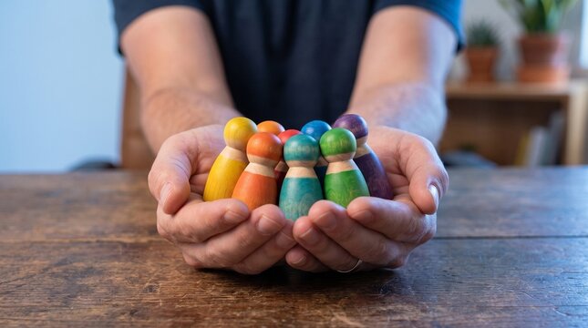 Man Cupping Colorful Wooden Peg Dolls in Hands &ndash; Diversity Inclusion Corporate Community Banner