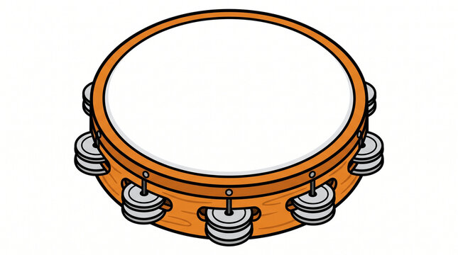 Tambourine illustrated with a wooden frame and metal jingles is isolated on a transparent background.
