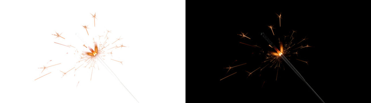 Sparkler stick with glowing flame and tiny orange sparks for festive scenes in PNG, Transparent and Black Background Versions