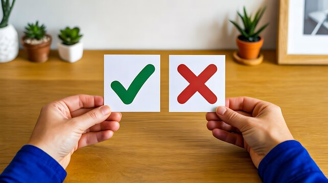 Business decision making with green checkmark and red cross on cards