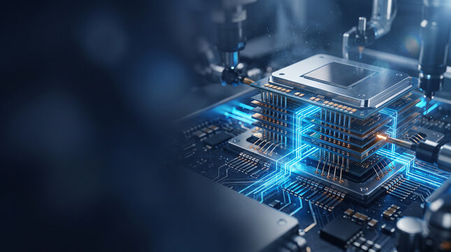 회로 기판 위 빛나는 반도체 칩 제조 근접 촬영 &middot; Glowing Semiconductor Chip on Circuit Board in Manufacturing