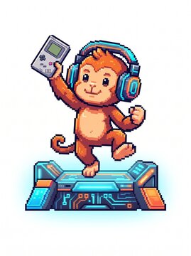 Pixel art illustration of cheerful monkey with neon headphones holding retro handheld game console while dancing on glowing futuristic circuit platform