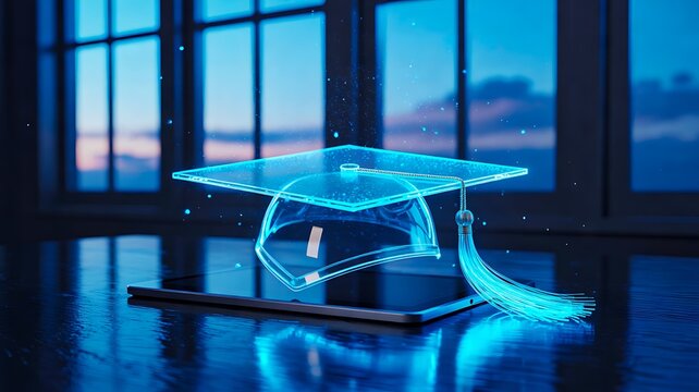 Digital graduation cap with glowing education technology concept in modern classroom