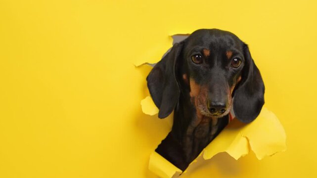 A black and tan dachshund dog pokes out of a ripped hole in a bright yellow paper wall, looks straight ahead, then turns sideways and back, leaving open copy space for a poster or banner.