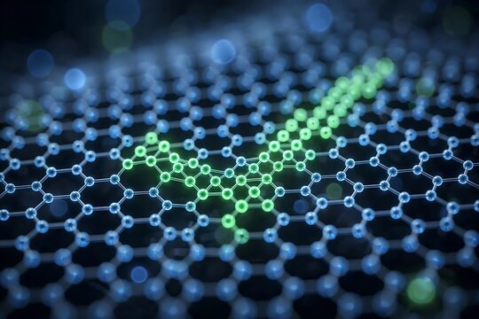 Digital check mark symbol formed by glowing green nodes within a blue hexagonal molecular grid structure, abstract technology background, representing data validation