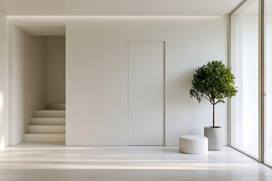 Minimalist interior design featuring a white wall with a hidden door, a small potted tree, and a round ottoman in a bright, modern living space with natural light
