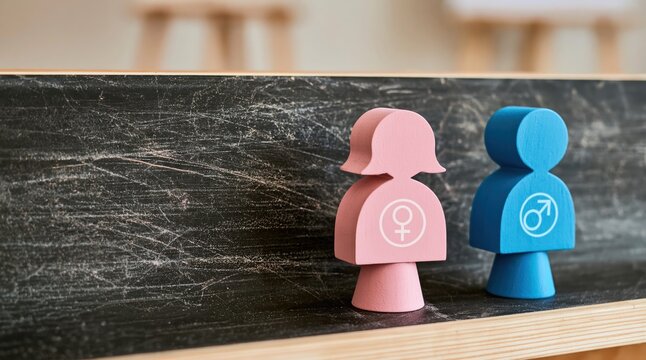 Pink and blue wooden figurines with male and female gender symbols, concept of gender equality and diversity