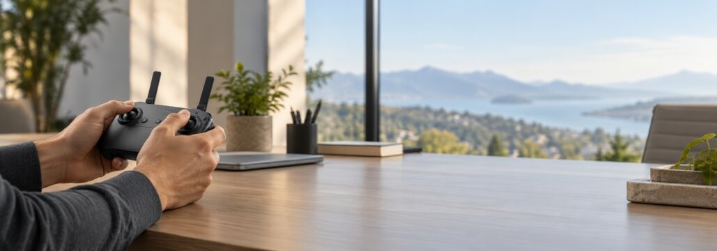 Person operating remote control drone controller overlooking scenic mountain landscape lake view from modern home interior office desk workspace setup
