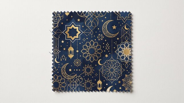 Dark blue fabric swatch with gold ramadan icons and islamic star patterns for textiles.