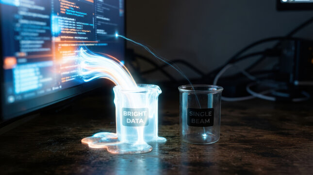 Glowing data stream enters glass beaker to illustrate economic imbalance through unequal illumination on dark desk beside monitor