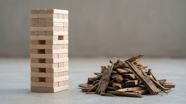 Wooden block tower and debris pile convey economic imbalance through contrast between orderly structure and scattered broken material