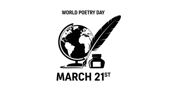 World poetry day illustration with quill and globe on march 21st