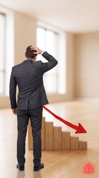 Businessman in a grey suit standing in an empty office looking at a wooden bar chart with a red downward arrow and warning sign