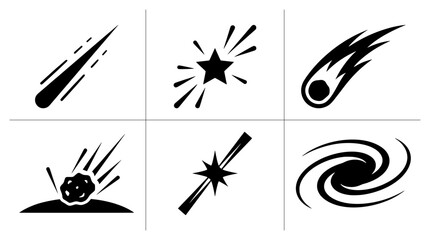 Comet and celestial body silhouettes set with meteor, starburst and galaxy for space exploration or science concepts © Robiul