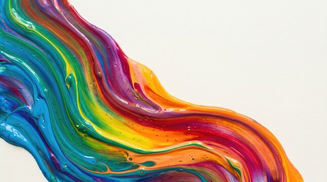 A vibrant, colorful fluid flows across a white surface. The paint creates a dynamic, swirling pattern with streaks of red, orange, yellow, green, blue, indigo, and violet.