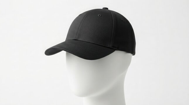 Minimalist black baseball cap on a plain white mannequin head isolated on a studio background for fashion accessories and apparel design mockups