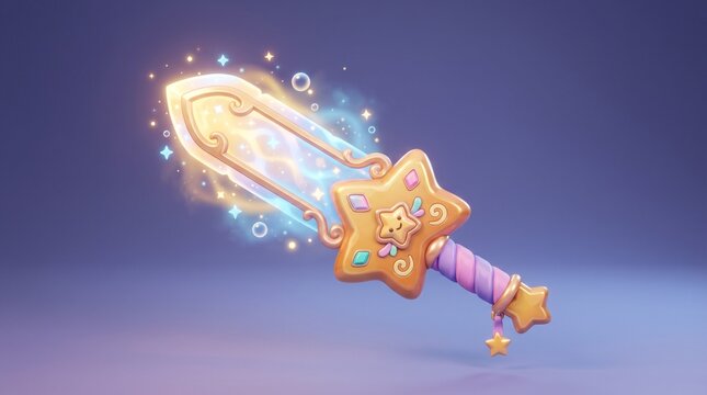 Cute magical glowing sword with star handle, kawaii fantasy game weapon