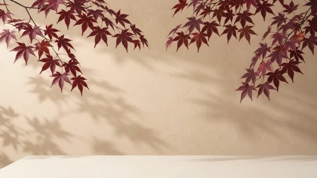 Red Japanese maple leaves framing a beige wall with soft shadows, creating a serene product display Autumn Background surface