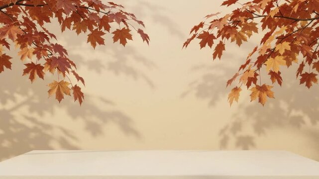 Autumn Background podium display with orange maple tree leaves and leaf shadows on beige wall background for product presentation