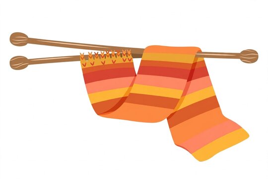 Flat vector illustration of a knitted scarf with knitting needles, isolated on white background, winter craft hobby concept