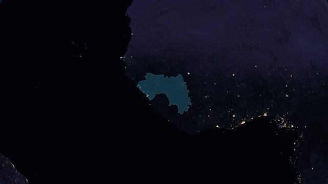 Guinea night globe. City lights, zoom, spin, outline glow, pullback, ring reveal for Guinea. Elements of the animation furnished by NASA.