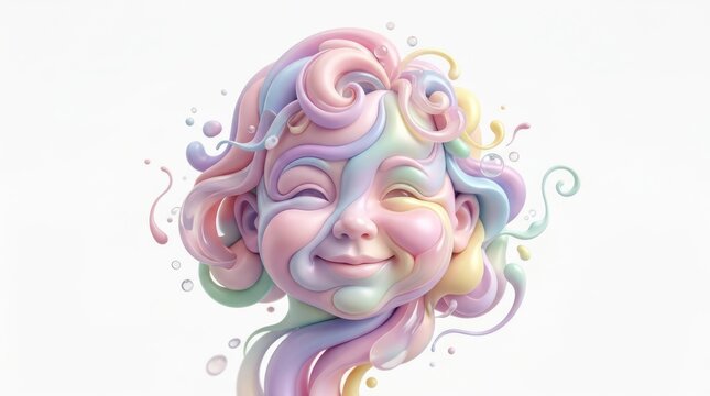 Abstract child face formed by colorful liquid swirls and pastel fluid