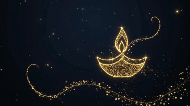 4K Golden Diya Outline with Glowing Sparkles on Dark Blue Background, Minimalist Indian Diwali Festival Symbol for Spiritual Celebration, Prayer, Worship and Cultural Design