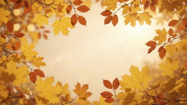 Beautiful Autumn Background framed with colorful golden maple leaves and soft bokeh lights with copy space for banner design