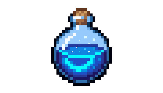 8-Bit Pixel Art Blue Mana Potion Game Asset Isolated